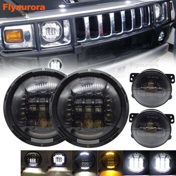 black 2pcs 90w H4 7 inch led headlight with Pair 4'' 30W front bumper led fog light Fog Lamp For AM General Hummer 1992~2001