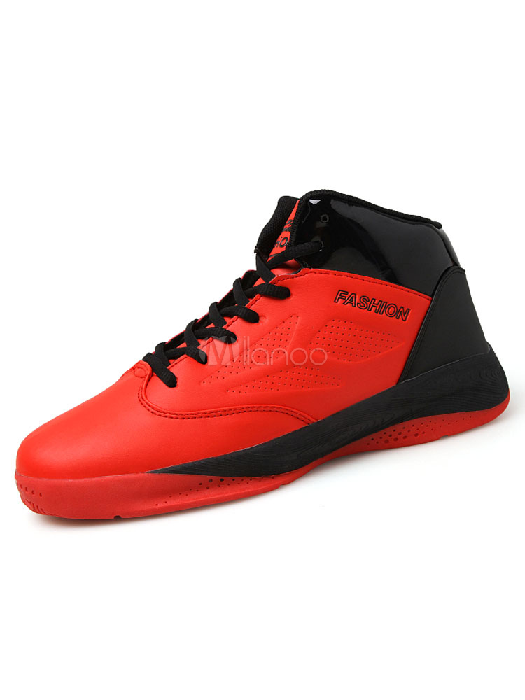 Men's Red Sneakers Round Toe Lace Up High Top Basketball Shoes