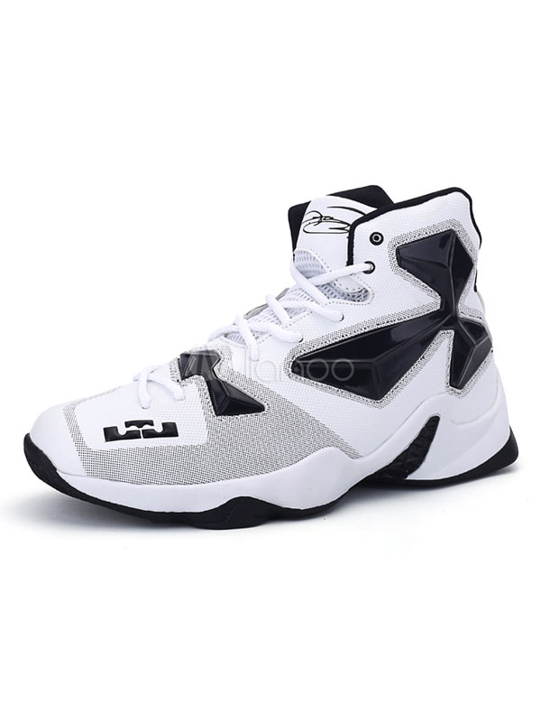 Men's White Sneakers Round Toe Lace Up Basketball Shoes