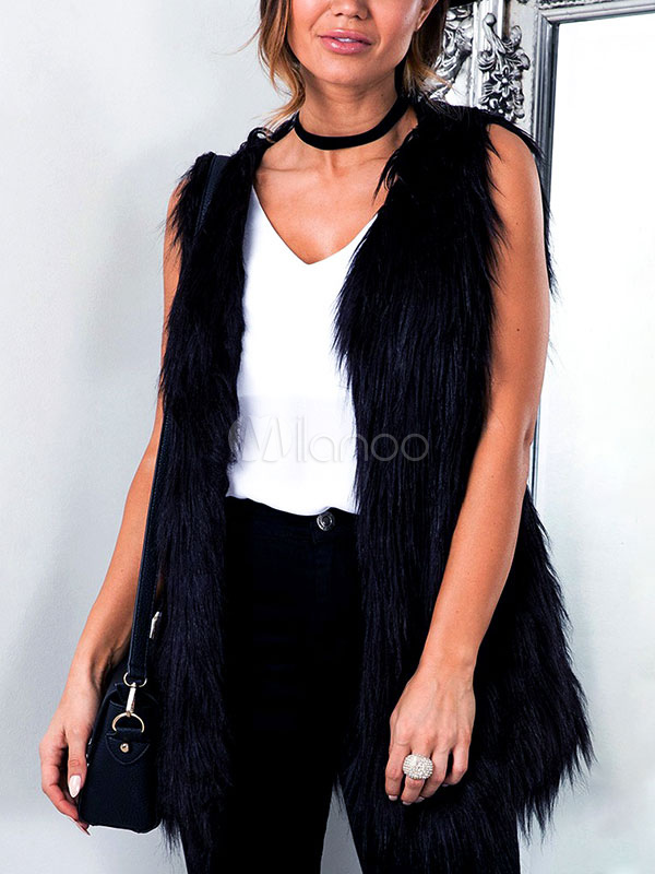 Faux Fur Vest Black Sleeveless Winter Coat For Women