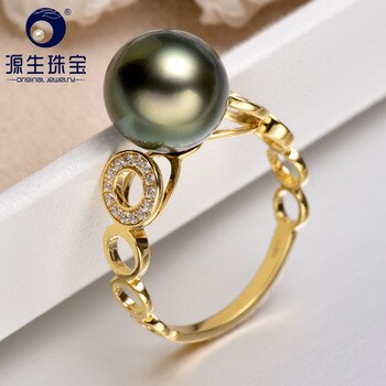 [YS] 18k Pearl Engagement Ring 9-10mm Black Tahitian Pearl Ring