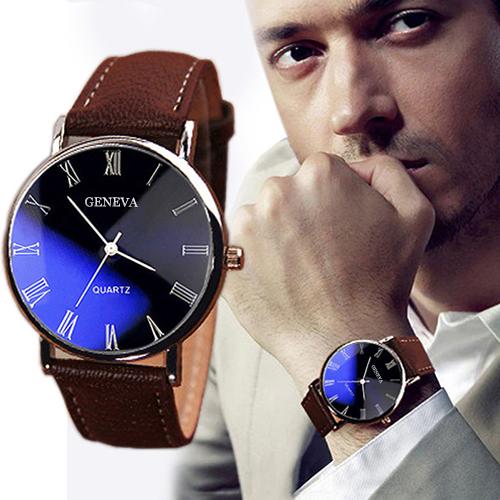 2020 Fashion Men's Watch Men Roman Numerals Blu-Ray Faux Leather Band Quartz Analog Business Men's Wrist Watches Casual Business