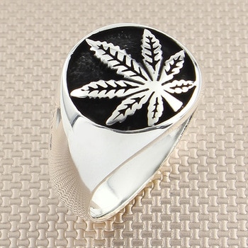 925 Stainless Steel Silver Marijuana Leaf Clover Mens Ring Signet Tree Large Rings for Men Handmade Made in Turkey, Gift for him