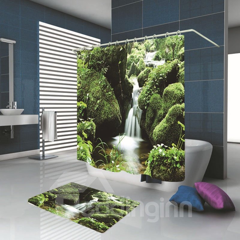 3D Waterfall and Green Mountain Print Polyester Decorative Bathroom Shower Curtain